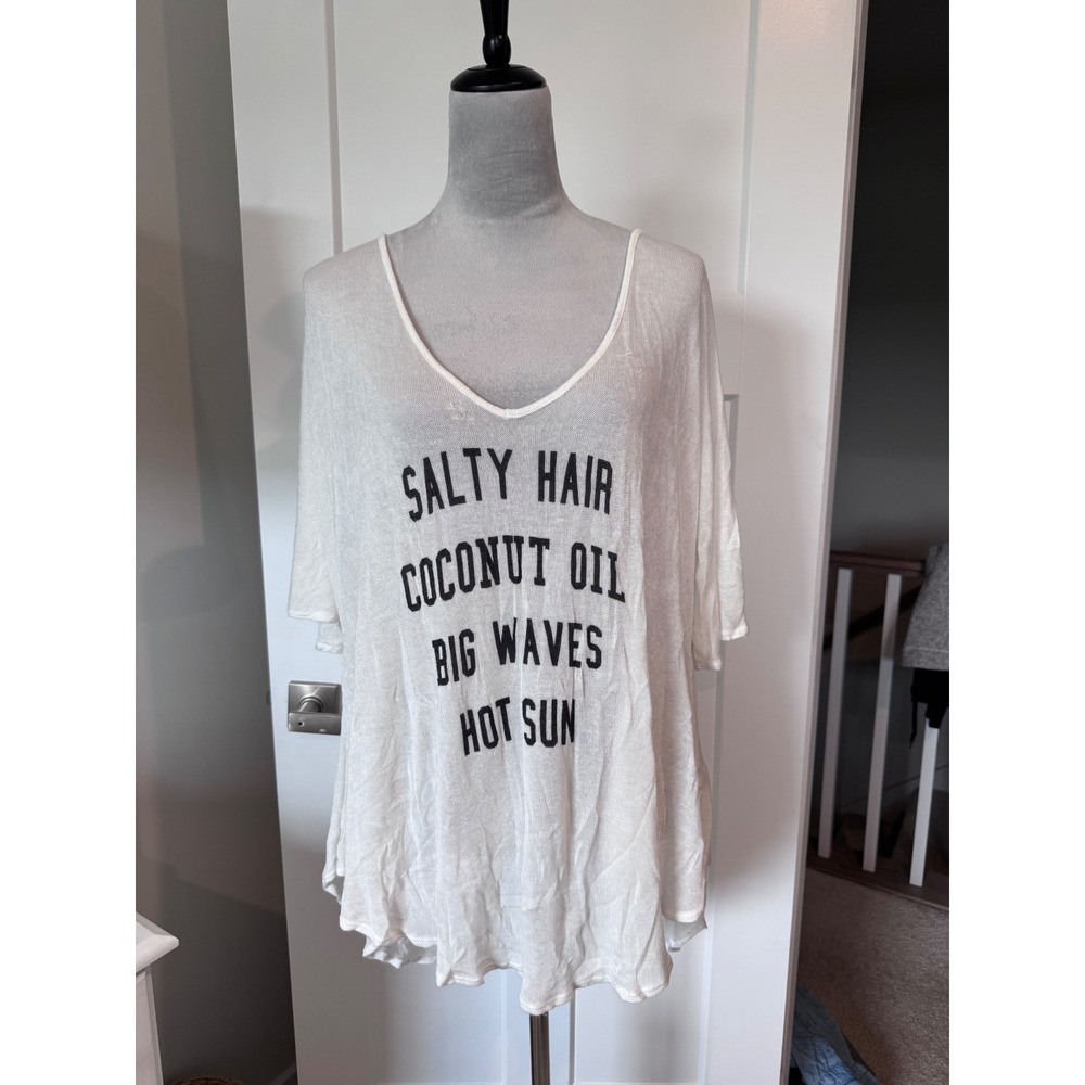 Wildfox Swim Salty Hair Coconut Oil Graphic Beach Coverup Top White Small